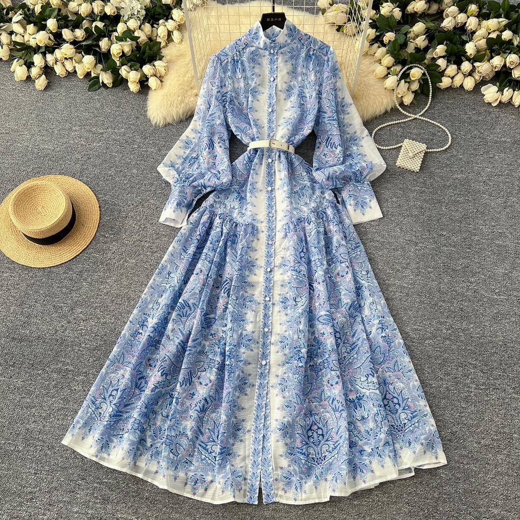Spring Autumn Women Big Size Print Single Breasted Long Maxi Loose Seaside Holiday Beach Dresses with Belt