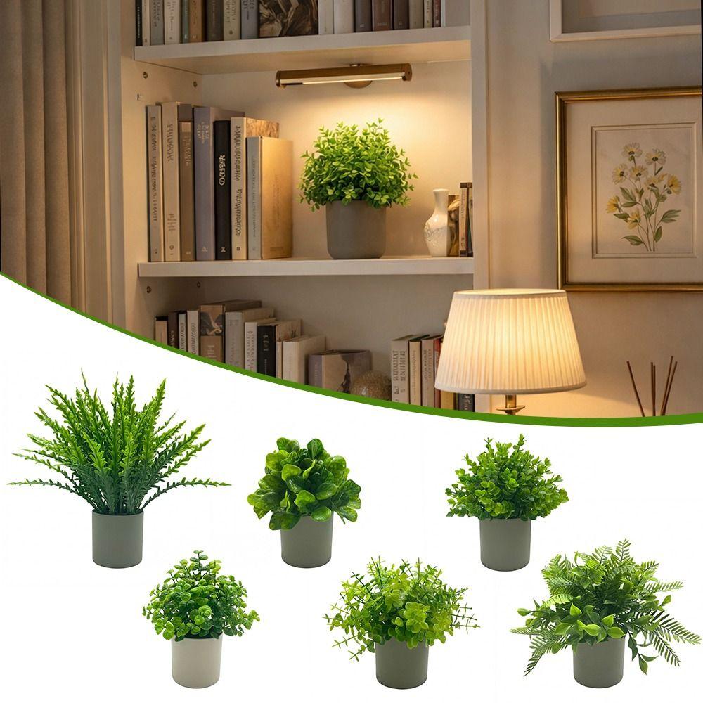 Green Artificial Plant Bonsai Grey Flowerpot Grass Leaves Simulation Plant Flowerpotted Craft Photo Props Faux Potted Decoration