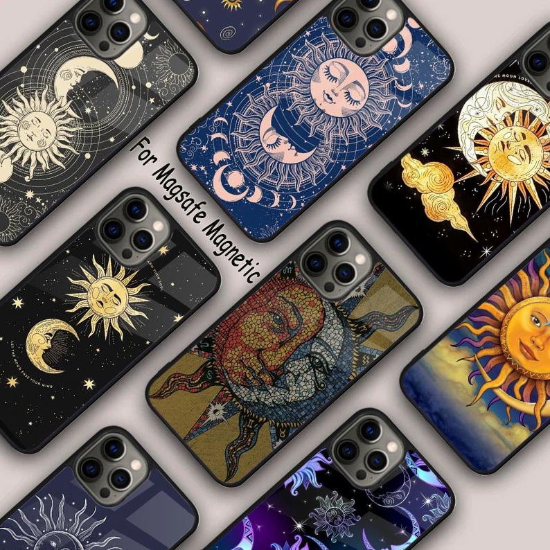Магнитный чехол для телефона с изображением лица Солнца и Луны для APPLE iPhone 17 Air 16 14 13 12 Pro Max 15 Plus Беспроводная зарядка С крышкой MagSafe