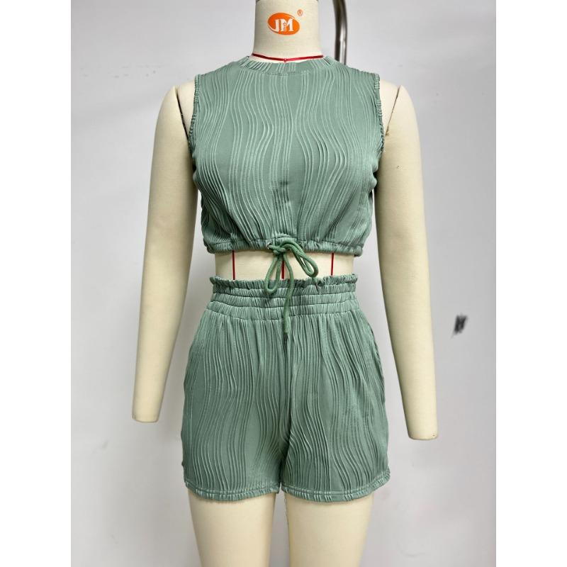 Summer Solid Colour Round Neck Vest Tank Top Drawstring Pocket Shorts Set for Women
