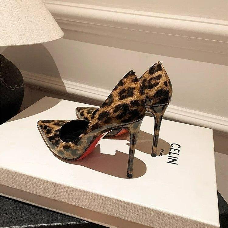 Red-soled Leopard Print High Heels 2025 Summer New Side Air Sexy Pointed Head Shallow Mouth Nightclub Royal Sister Temperament Single Shoes Women