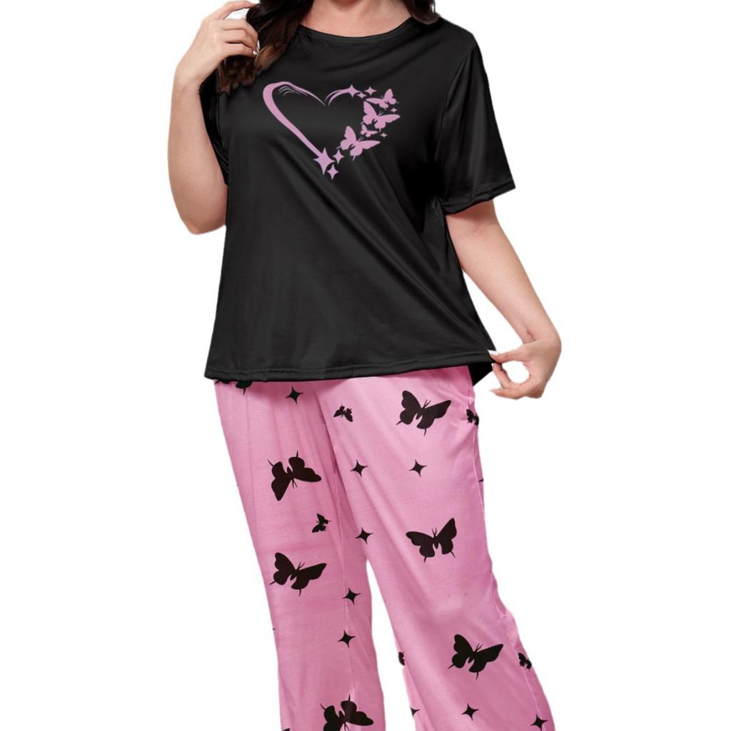 Summer Thin Pajamas Women's Short-sleeved Trousers Suit Plus Size Leisure Loose Round Neck Homewear