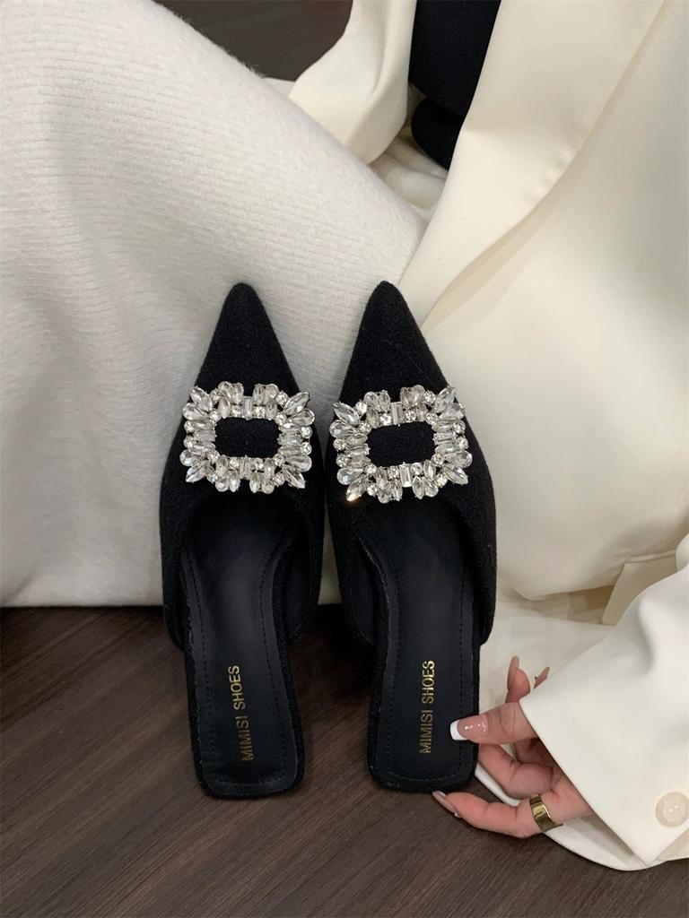 Aphixta Сексуальные босоножки на среднем каблуке Элегантные женские шлепанцы с острым носком Летние плательные шлепанцы Роскошные хрустальные серые туфли-шлепанцы на низком каблуке