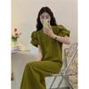 Puff Sleeve Dress for Women with Slightly Fat MM Large Size Summer New Style Waist-hugging and Slimming French Niche Design Long Skirt