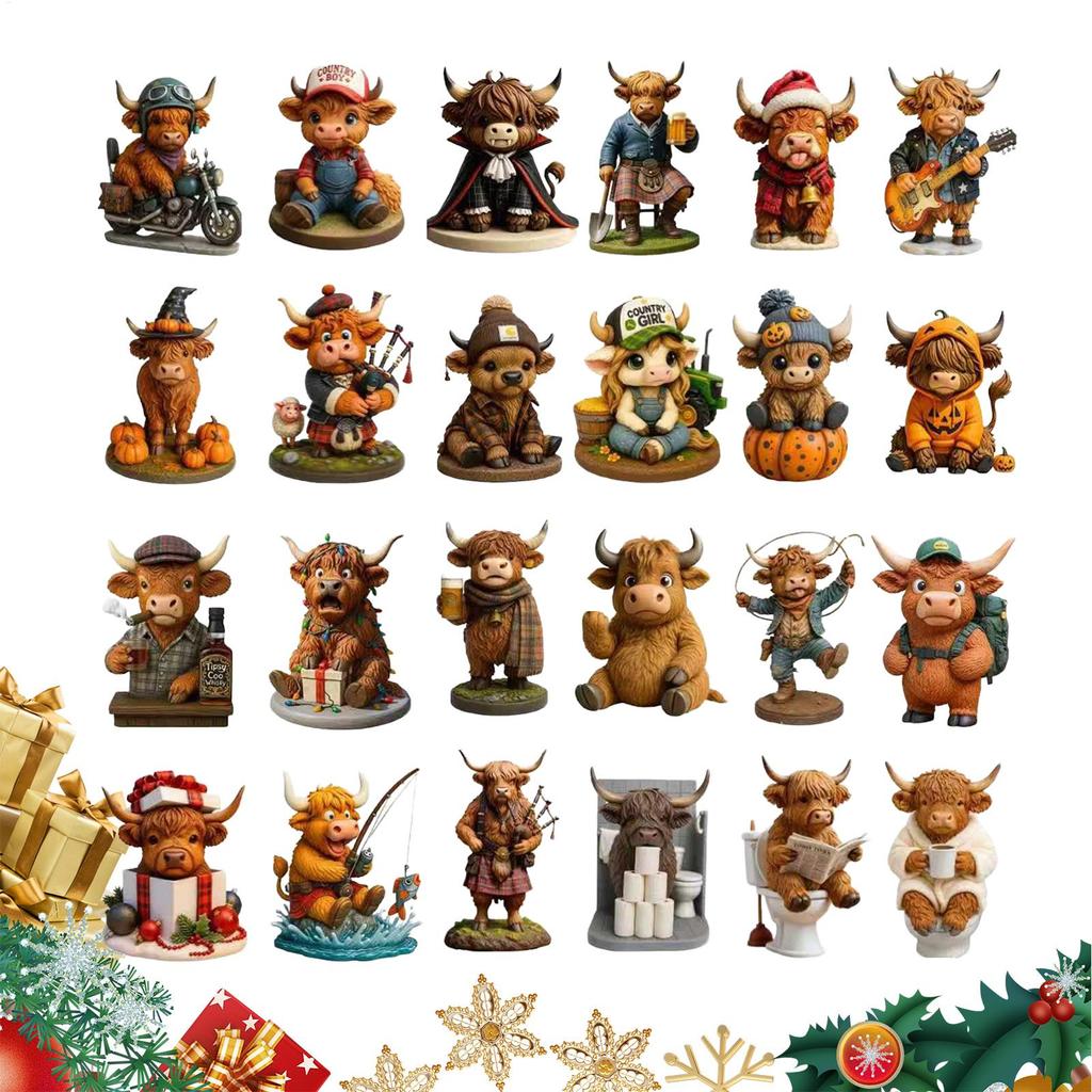 Christmas 3D Figures Pendants Countdown 24 Pieces High Cow New Year Ornaments For Christmas Tree For Home Living Room Bookshelf