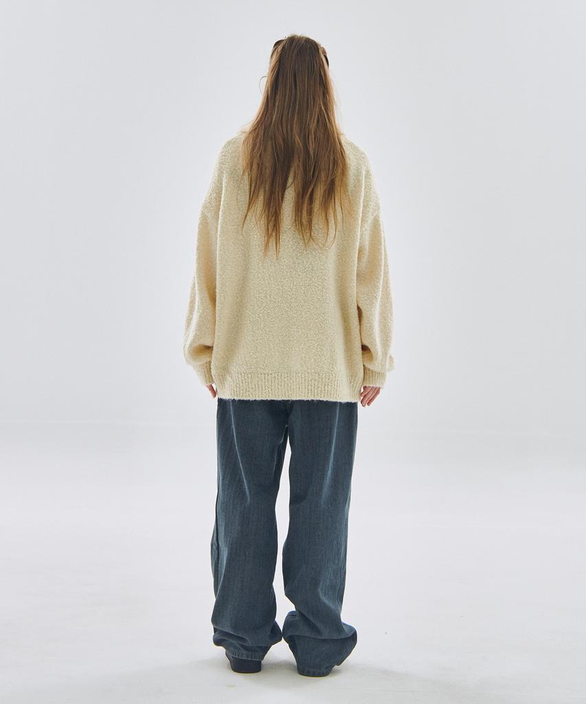 SOME PLACE Washable Half Heart Logo Embroidered Half-Zip Knit Oversized [Beige]