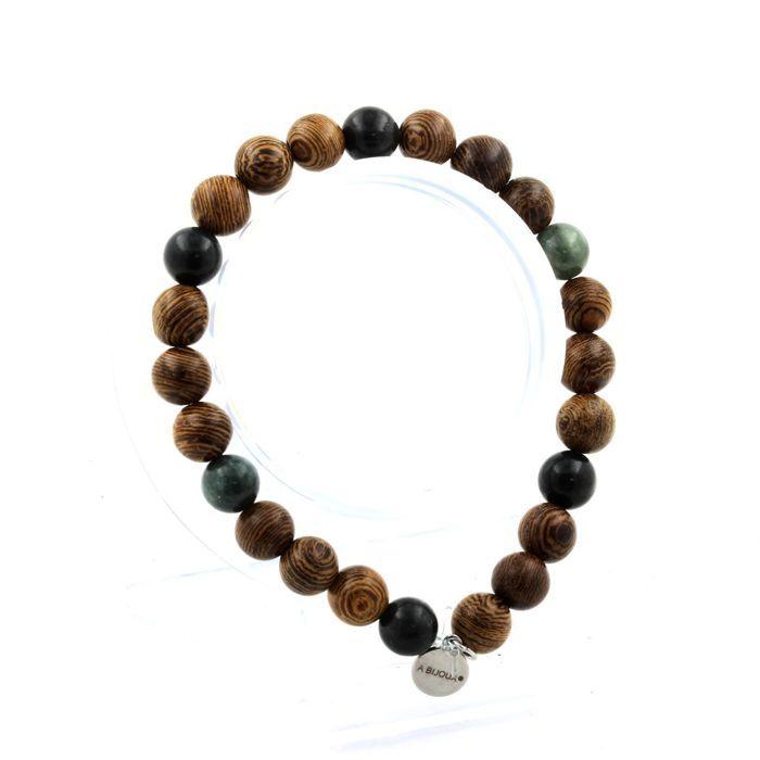 Stones and Minerals. Russian Seraphinite Pearl Bracelet + 8 Mm Wood. Made In France.