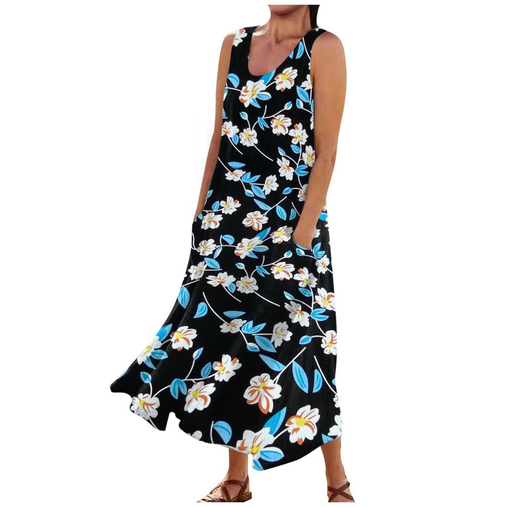 Women's Casual Comfortable Floral Print Sleeveless Cotton Pocket Dress