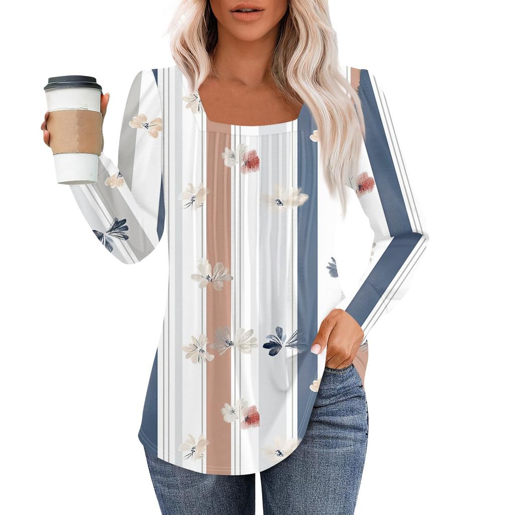 Long Sleeve Shirts For Women Tops Dressy Casual Blouses Pleated Square Scooped Neck Tunic Tops
