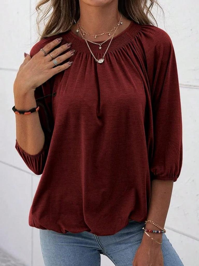 Women's Cotton Crew Neck T-Shirt Half Sleeve Loose Pleated Basic Blouse Top