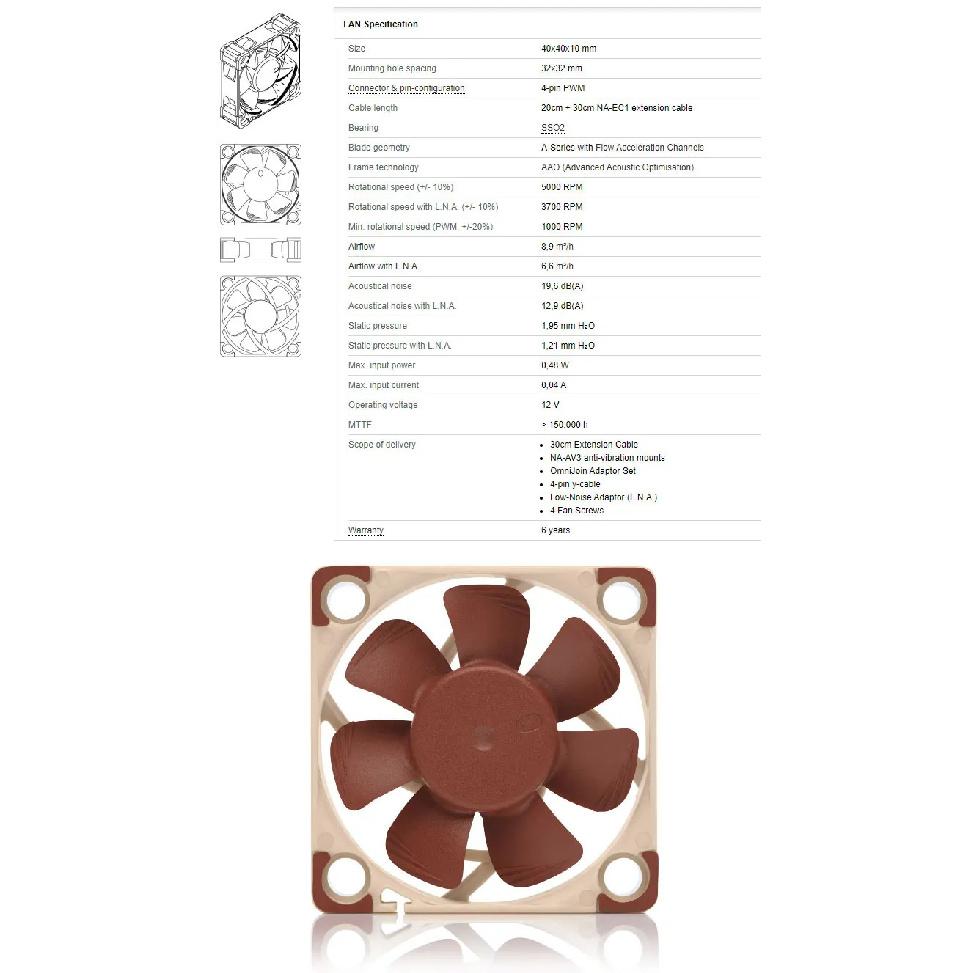 Noctua NF-A4x10 PWM 3pin/4pin 12V/5V Корпусный вентилятор 40x40x10мм Тонкий вентилятор PWM Интеллектуальное управление температурой Ультрамалый вентилятор