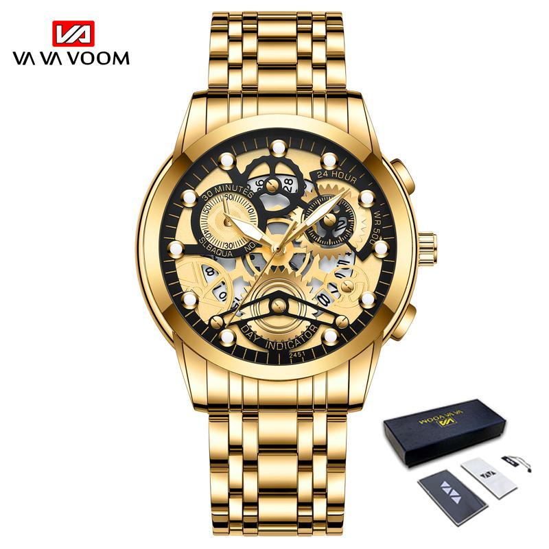 VA VA VOOM Золотые полые светящиеся кварцевые часы Часы со скелетом Мужские часы Импортные механизмы Деловые виды спорта для мужа Подарок Мужские часы из нержавеющей стали