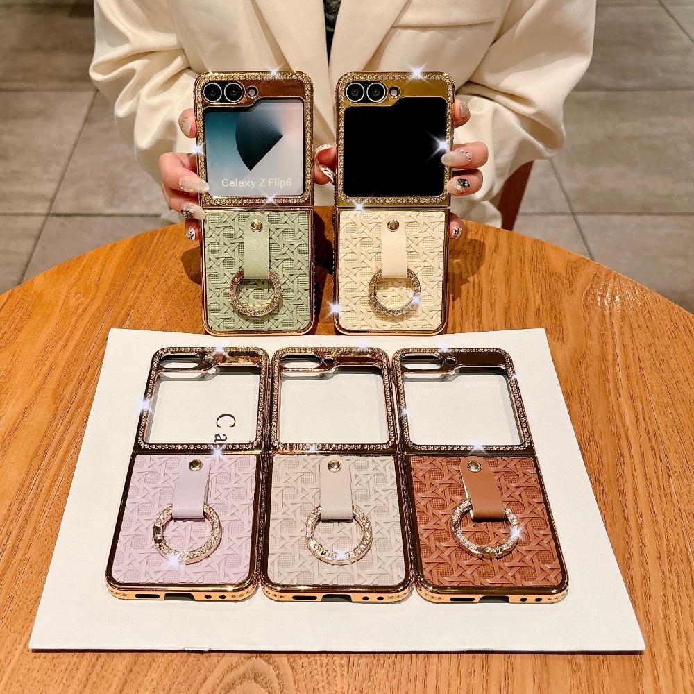 Electroplated Weaving Leather Ring Phone Case for Samsung Galaxy Z Flip 6 5 for Galaxy Flip6 Flip5 5G Protection Cover