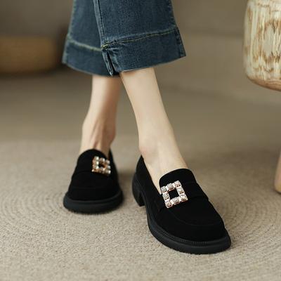 Новые однотонные женские туфли с круглым носком, толстой подошвой, стразами, квадратной пряжкой, декоративные, повседневные и универсальные