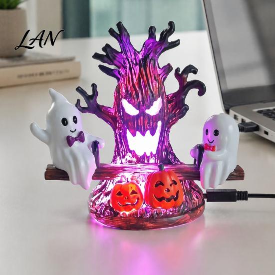 Fun Halloween Seesaw Ghost Table Lamp Animated Light, USB Powered 3D Night Cute LED Portable Light with Spooky Tree And Pumpkin Design, Decor