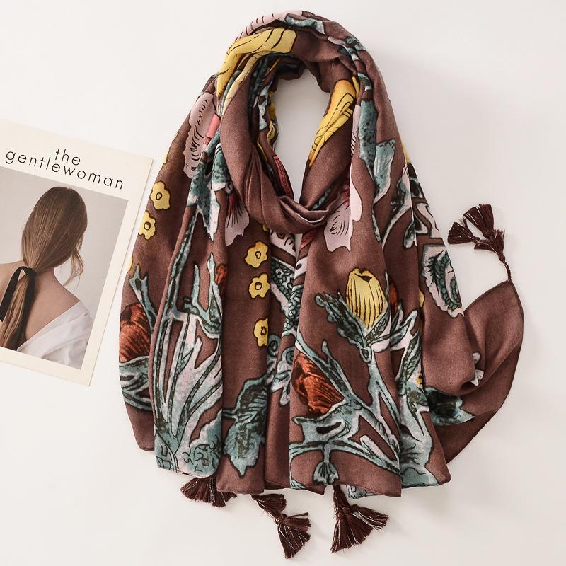 Beige Coffee Scarf Luxury Thin Womens Scarves Spring Floral Hijab Veils Soft Cotton Shawl Wrap Tassel Viscose Muslim Woman Hijab