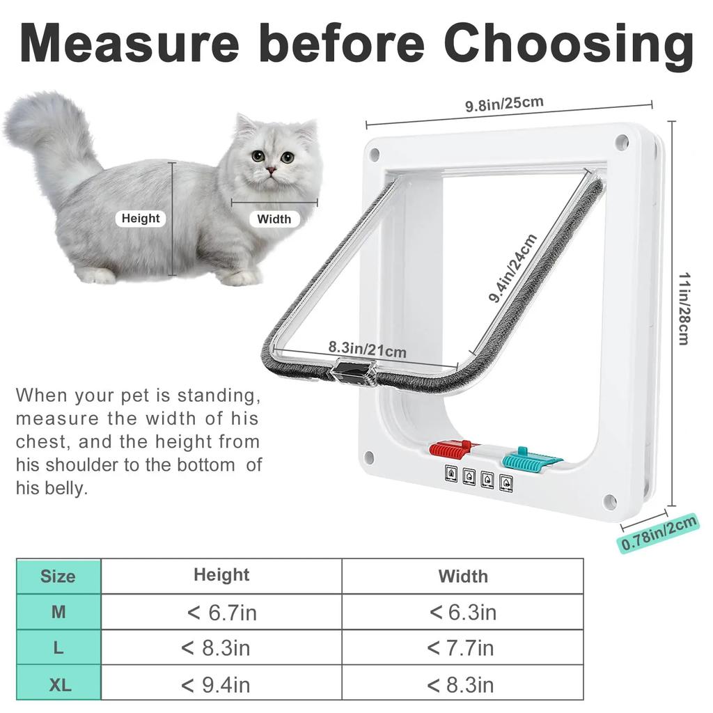 Weather Proof Cat Door 4 Way Locking for Cat Up To 20 Lbs for Interior Doors Cabinet Garage Doors 4 Sizes Pet Door