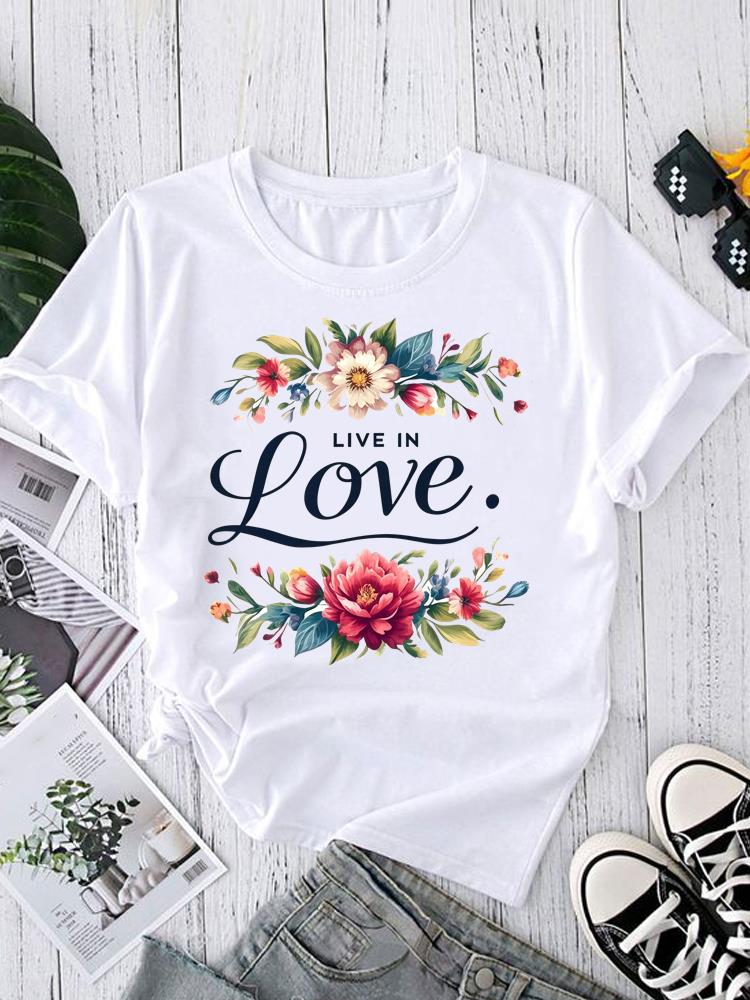 (Азиатский размер) letter flower trend 90-х Футболки с коротким рукавом Женский топ Принт Круглый вырез Модный Женский Повседневный Футболка Одежда Графическая футболка