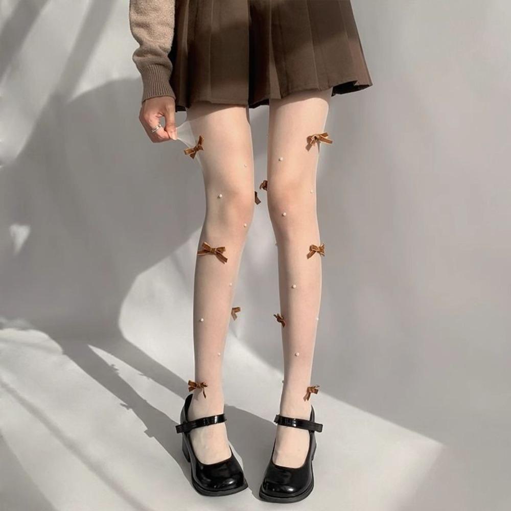 Прозрачные колготки с бантиком и жемчугом, сетчатые леггинсы, женские, в японском стиле JK, Лолита, колготки для дам
