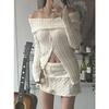 off-Shoulder Top Versitile Foreign Trade Women Clothes Western Style off-Shoulder Long Sleeve Temperament Single-Breasted Sexy Knit