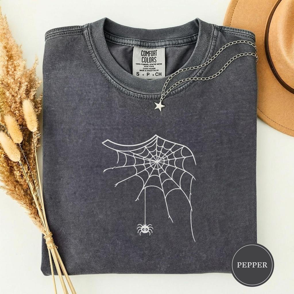 Minimal Spider Web Shoulder Tee, Simple Halloween Web Shirt, Dangling Spider Tee, Gothic Minimal Gift, Spooky Season Gift, Cobweb Tee