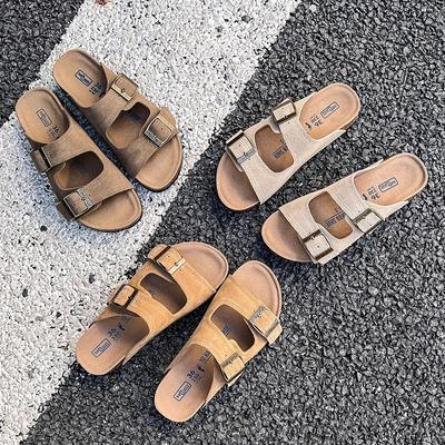 2024 Летние женские тапочки из пробки с двумя пряжками, сандалии из коровьей замши на плоской подошве для женщин, модные ретро-садовые сандалии-мулы