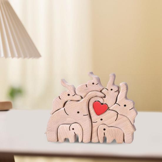 Wooden Elephant Family Puzzle Ornament Love Heart Mother Father Baby Elephant Jigsaw Table Sign Home Office Desktop Decoration