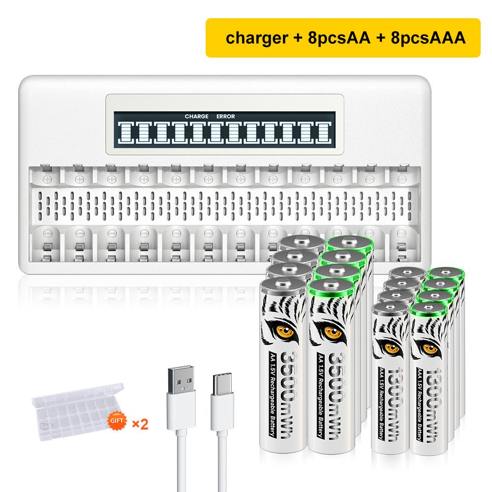 PALO 4-40 Pcs Rechargeable AA+AAA 1.5V Li-ion Batteries 3500+1300 mWh HR6 HR03 Battery with 12 Slots LCD USB 1.5V Li-ion Battery Charger