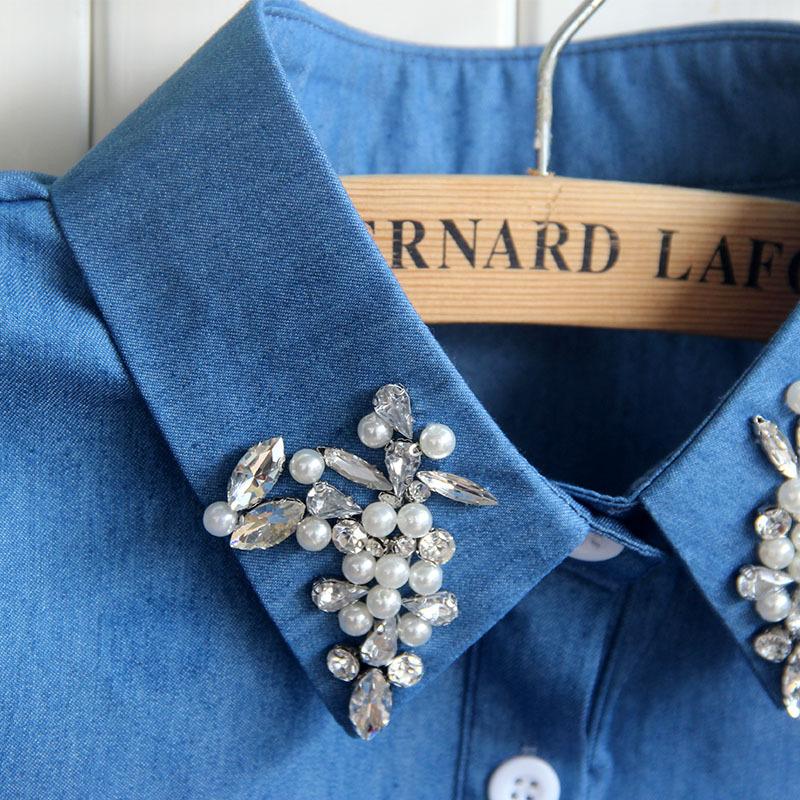 Футболка-полуторка с имитацией воротника, детская весенняя универсальная джинсовая рубашка с имитацией воротника, украшенная бисером