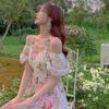 [Оригинальная работа] Платье с пышными рукавами и цветочным принтом женское с открытыми плечами на бретельках летнее французское романтическое темпераментное сказочное