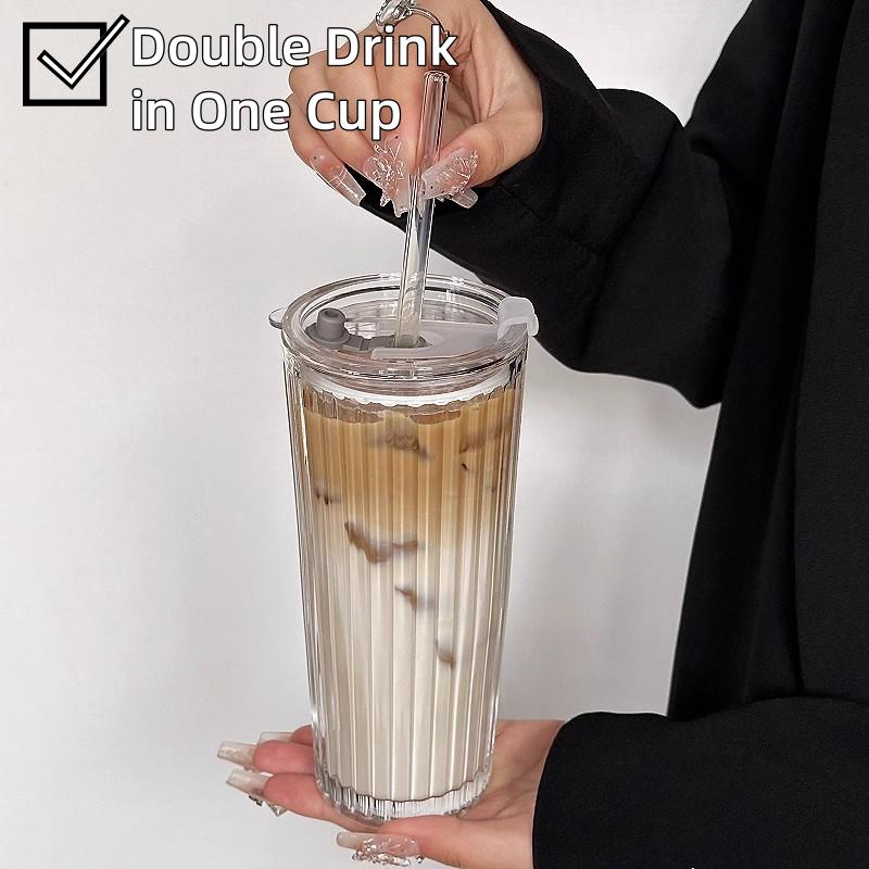 Large-capacity Lidded Ice Crystal Straw Cup, High-value Appearance Coffee Ice Americano Latte Glass Cup, Office Water Cup