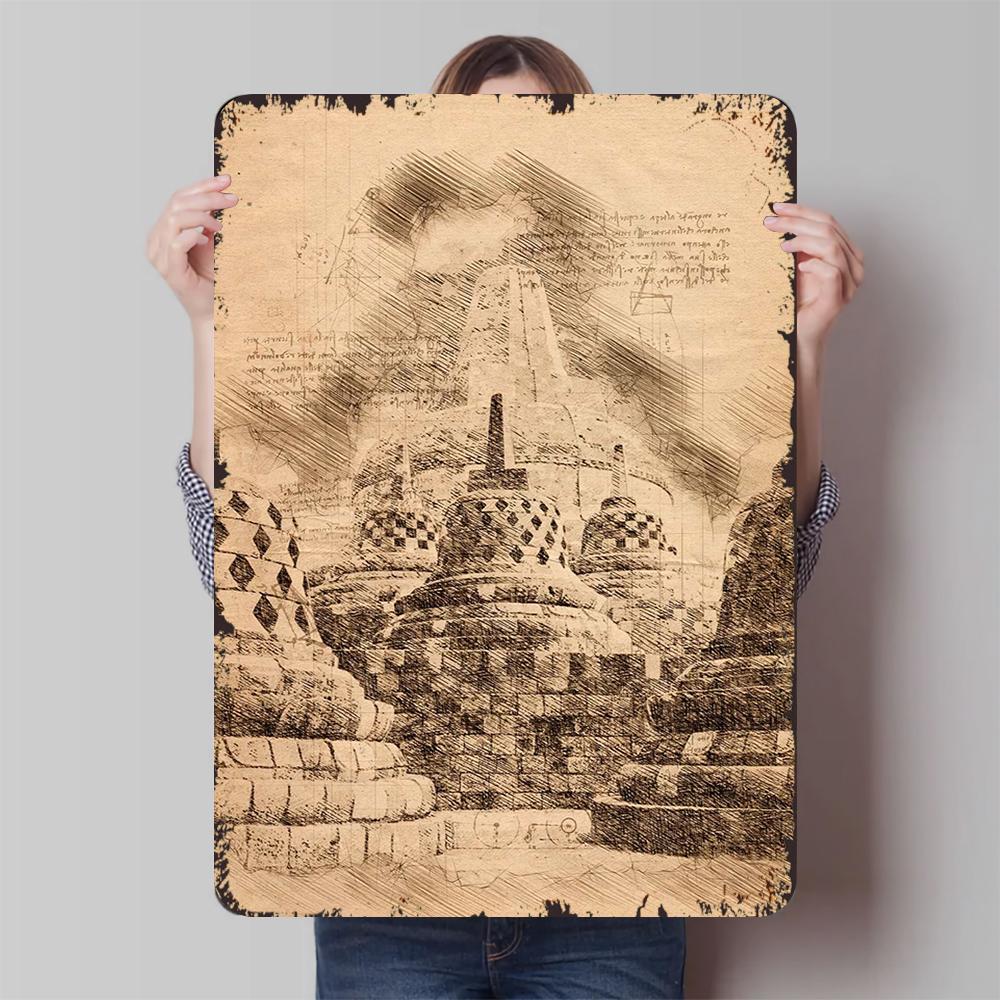 Vintage Hand Drawn Borobudur Ruins Iron Painting Southeast Asian Buddhist Art Home Wall Decor