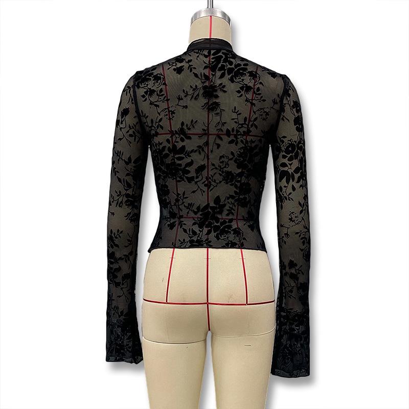 Женская сексуальная шифоновая блузка - Прозрачная, Приталенная, Рукава-колокольчики с оборками