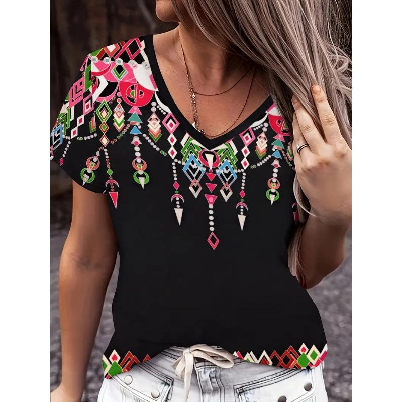 Модная женская футболка с V-образным вырезом, летняя уличная мода, топы с коротким рукавом, цветочные принты, свободная одежда больших размеров