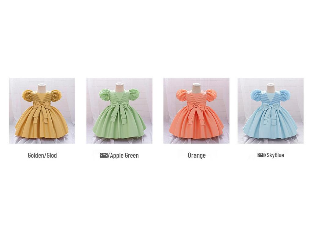 2025 Платье принцессы на первый день рождения для младенца девочки - Атласное платье с пышными рукавами и полосатым дизайном с бантом