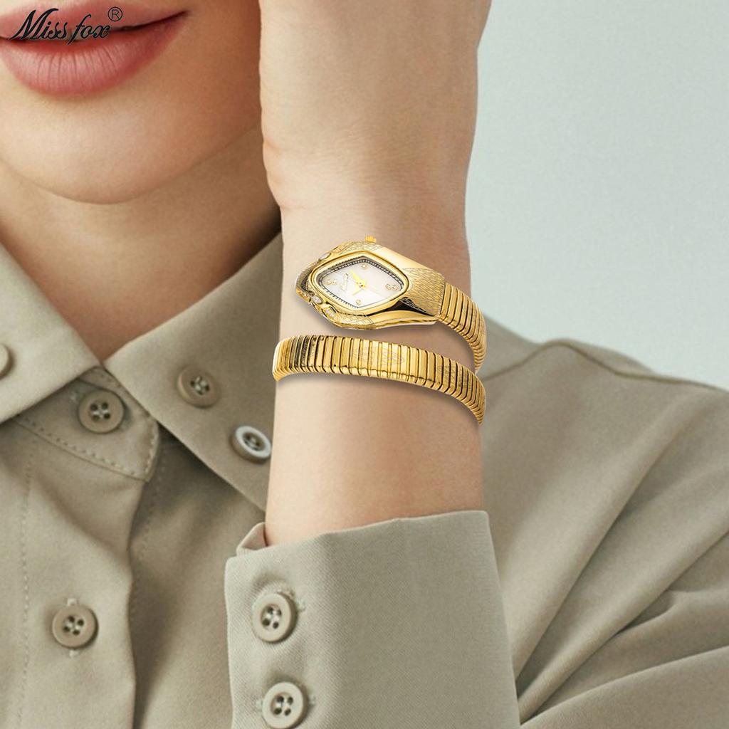 MISSFOX-Ladies' Exquisite Winding Snake Head Watch Waterproof Quartz Watch Unique Art Serpentine Diamond Bracelet