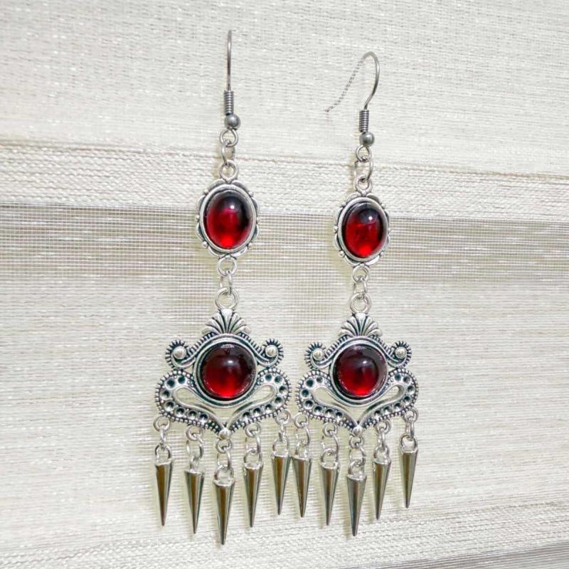 Red Gothic Vampire Silver Filigree Pointed Toe Earrings