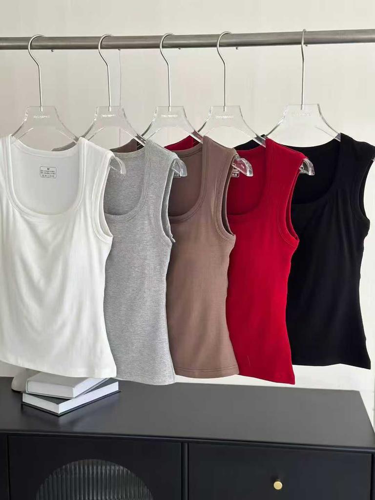 Women's U Neck Sleeveless Wide Strap Tank Top Slim Fit Casual Solid Rayon Ice Camisole With Fixed Built In Bra Pad