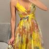 Women's Spaghetti Strap Maxi Dress Floral Boho Deep V-Neck Hollow Out Mesh Pleated Dress Summer Beach Party Swing Long Dress