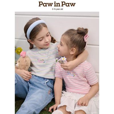 Детская футболка с коротким рукавом в полоску с мультяшным мишкой PawinPaw для девочек