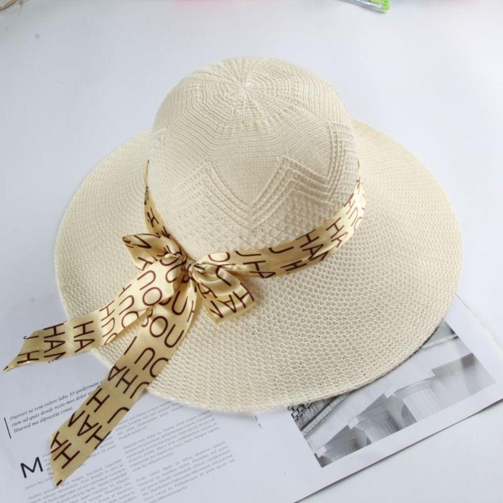 New Summer Women Sun Hat Casual Fashion Bowtie Fisherman Hat Straw Hat with Bow Ribbon Travel Beach Hat
