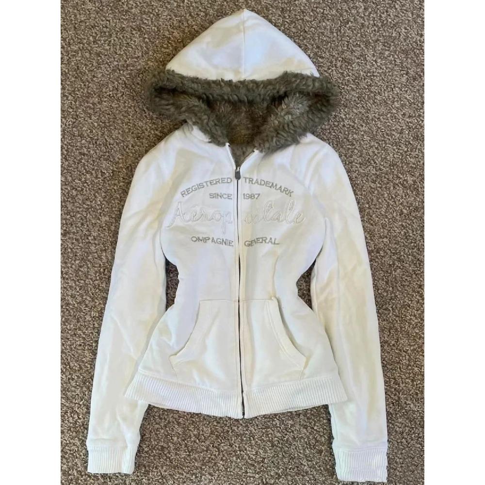 Винтажная толстовка с капюшоном и меховым воротником с надписью «Письмо» на молнии «Осень-зима» Y2K, флисовая куртка в стиле ретро «Харадзюку», вышивка, плюш, темная мода