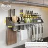 Punch-Free Wall-Mounted Kitchen Storage Rack: Seasonings, Chopsticks, and Knife Holder.
