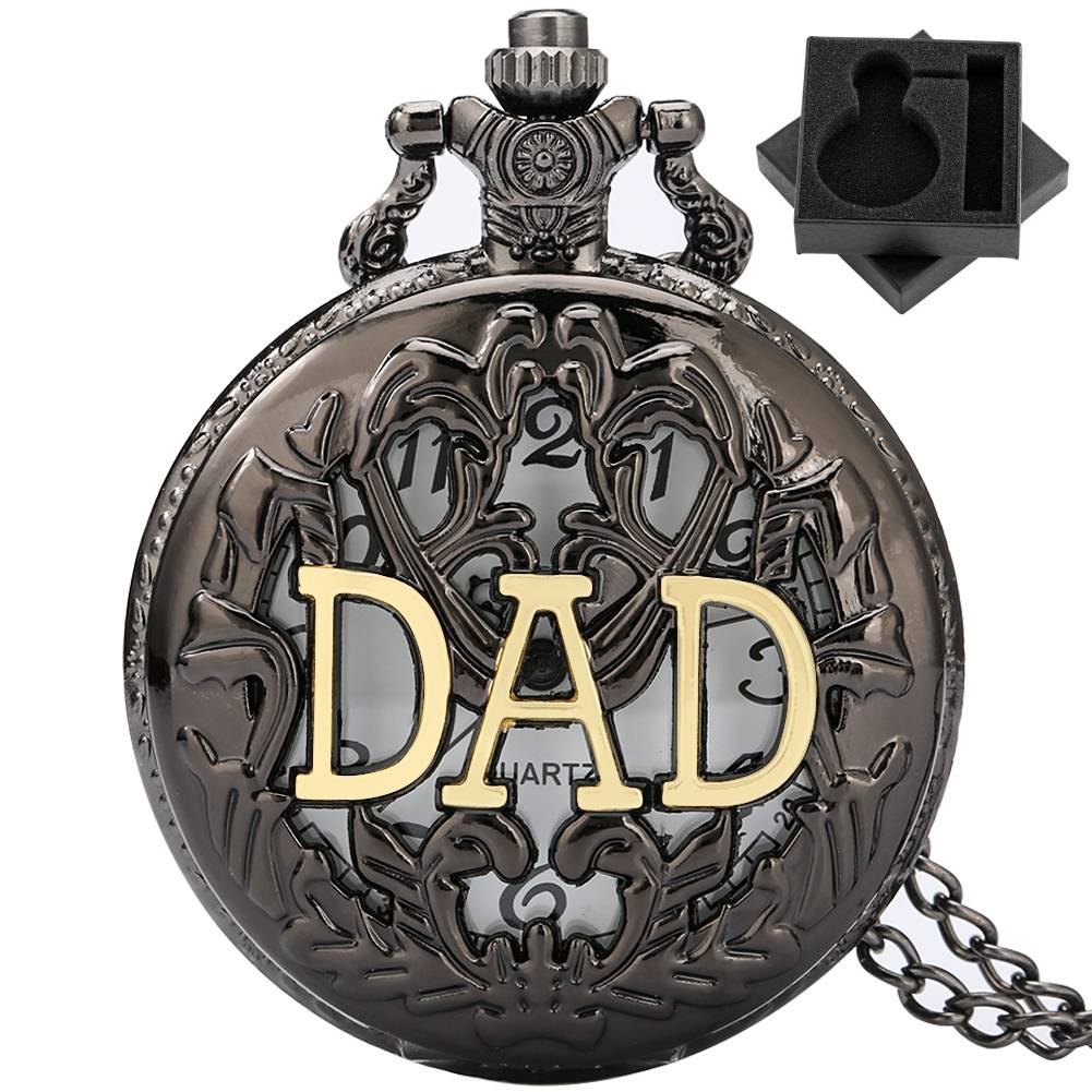 Vintage Black Hollow DAD Quartz Pocket Watch Arabic Numerals Dial Fob Chain Pocket Timepiece Necklace Watch Gift Men