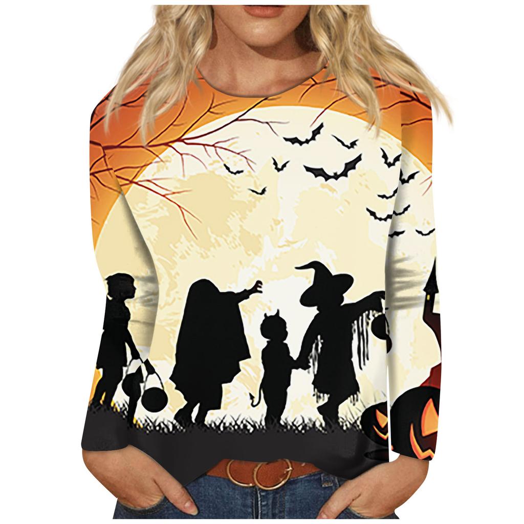 Women's Fashion Casual Long Sleeve Striped Halloween Printed Round Neck Top