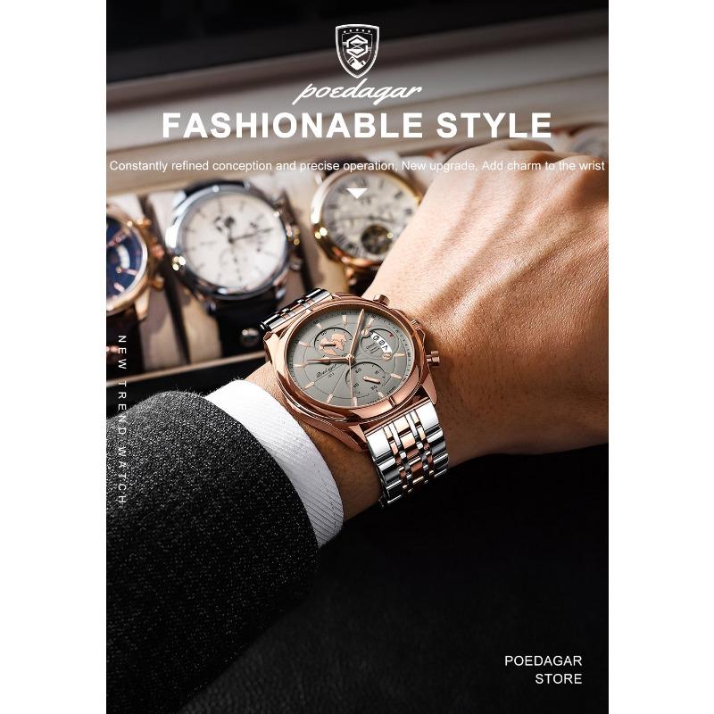 POEDAGAR Top Original Men Watch Chronograph Waterproof Date Quartz Luxury Watches Stainless Stain Business Male Wristwatch
