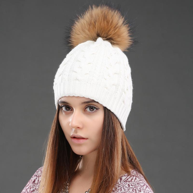 Women Double Layer Knitted Hats Winter Warm Beanies Wool Hat With Pompom Natural Fur Raccoon Fashion Female Cap