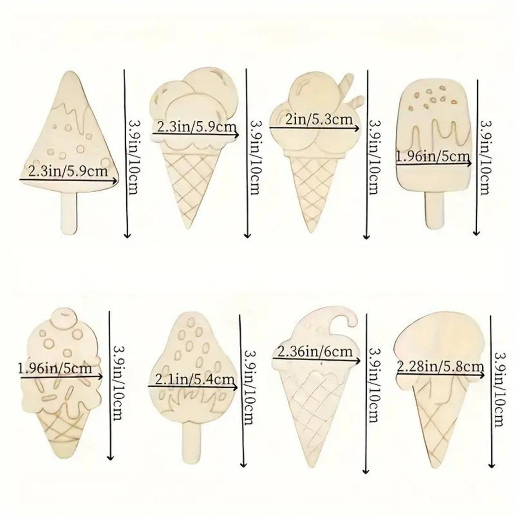 16 Pieces Unfinished Summer Ice Cream Wooden Cutouts, 8 Styles Ice Cream Wood Slices Blank Wooden Paint Crafts Summer DIY Crafts Home Decoration