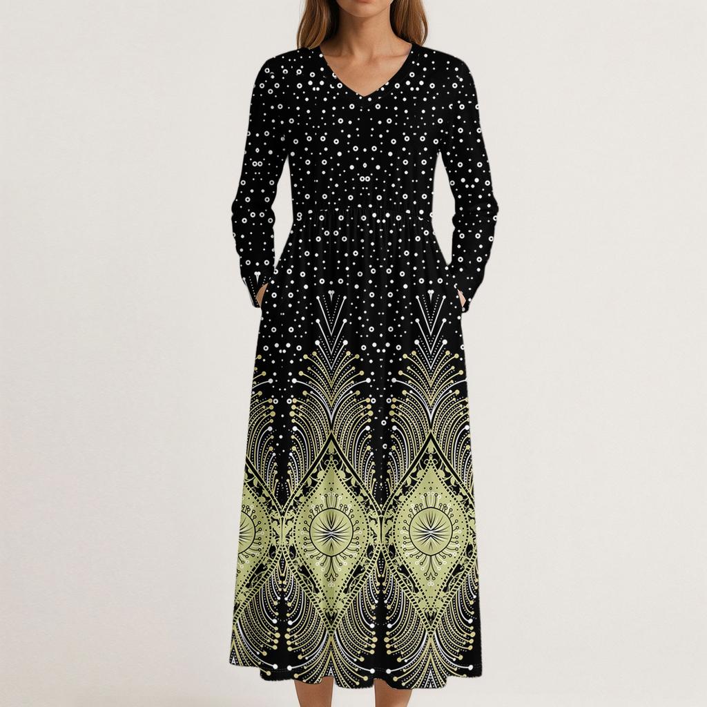 Dress For Women Long Boho Beach Dress Elegant Maxi Dress V-Neck Long Sleeve Dress With Pockets