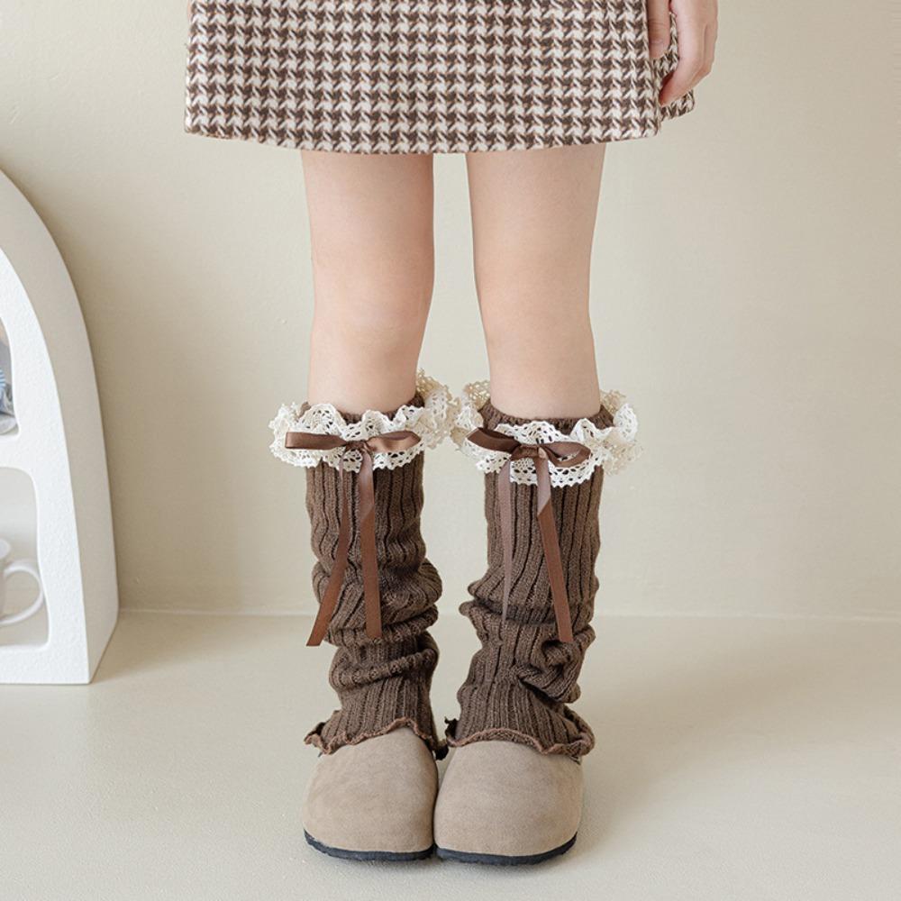 Solid Color Bow Ribbon Leg Warmers Long Stockings Knitted Foot Cover Children's Foot Warmer Winter